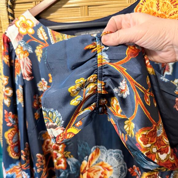 Julia Jordan Navy Floral Midi Dress Satin Finish Tie Waist plus Size 16 modest - Picture 6 of 9